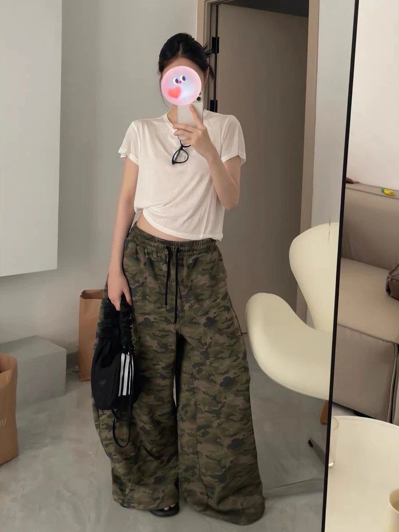美式廓形阔腿迷彩工装裤女夏季宽松辣妹慵懒风嘻哈高街舞蹈休闲裤