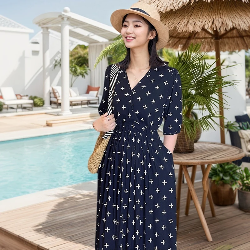 【口袋裙】棉绸连衣裙法式碎花人造棉女夏季收腰显瘦宽松气质长裙子