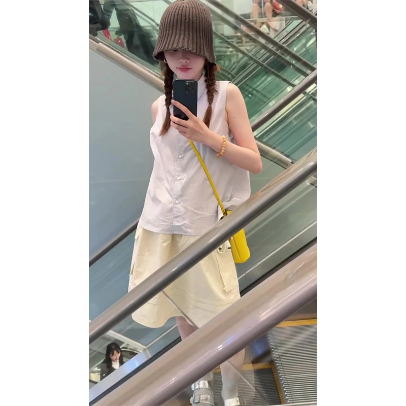 夏季新款 韩系穿搭翻领无袖宽松上衣+百搭高腰显瘦阔腿短裤套装女
