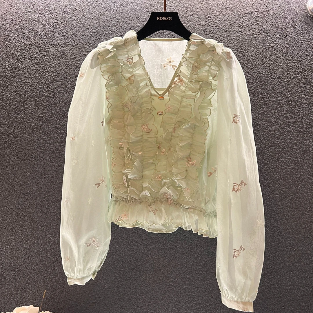 25新款 精致碎花与浪漫荷叶边结合百搭时尚气质清新上衣