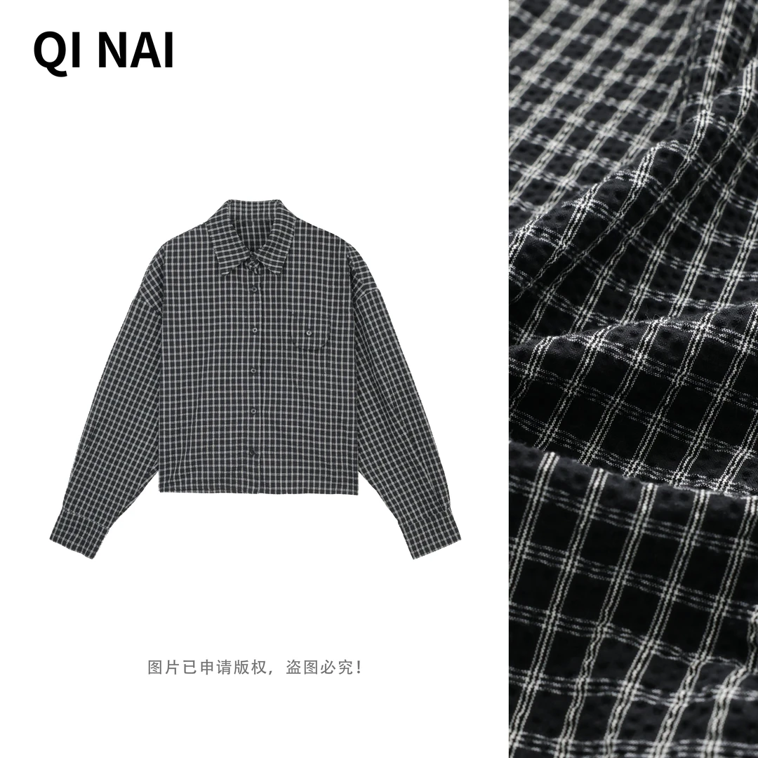 七奈推荐【舟璃】复古格子翻领长袖衬衫休闲慵懒风百搭上衣QN12297