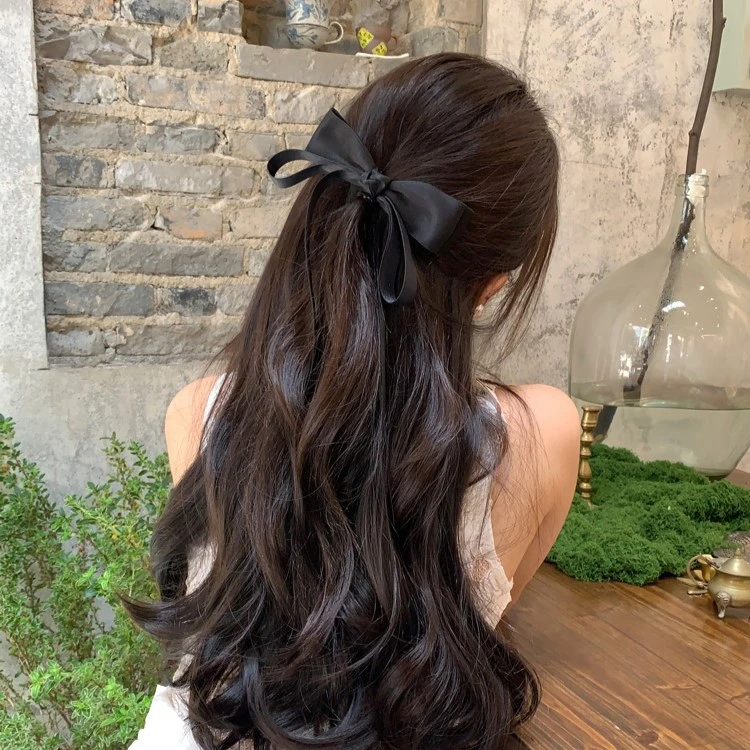 高级感立体黑色结飘带发夹女后脑勺弹簧夹优雅气质半扎发头饰
