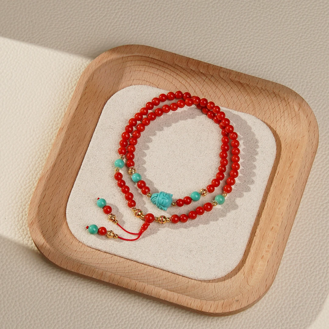 【小乔展会】红珊瑚4mDIY18K绿松双圈/CSH0001