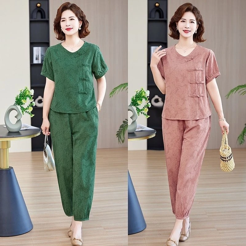 夏季复古时尚棉麻提花套装女宽松显瘦休闲短袖上衣灯笼裤两件套女