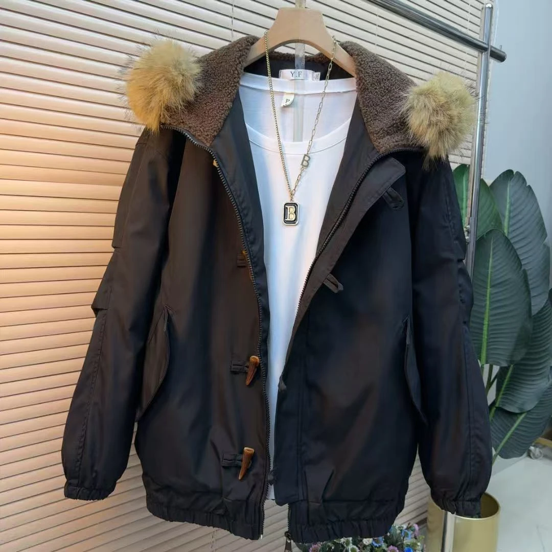 胖mm欧货时尚气质显瘦牛角扣百搭6016时髦简约保暖韩版潮流棉服