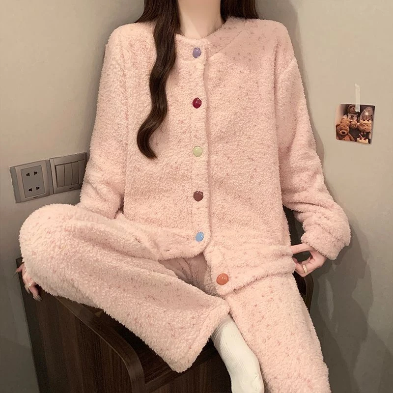 半边绒睡衣女款冬季加厚保暖开衫加绒女秋冬两件套2025新款家居服