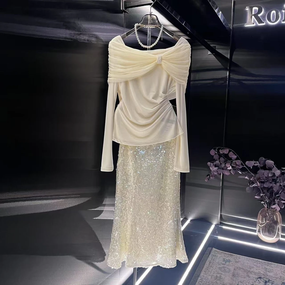 roiltrou2025春季时尚新款纯色减龄一字肩套装裙ZA1525112690