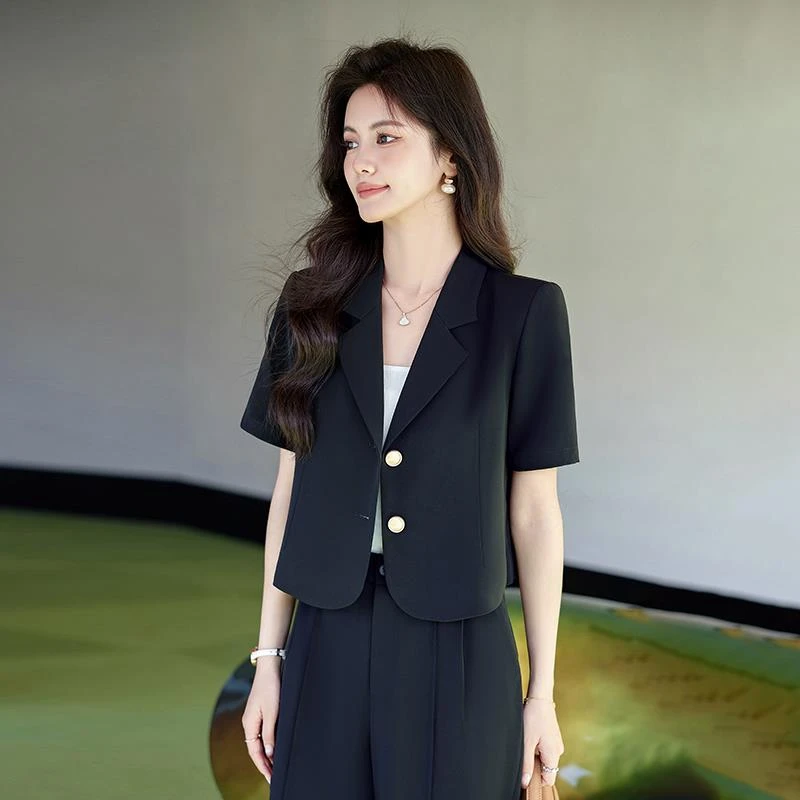 黑色短款西装外套女2025新款夏季薄款气质休闲小个子短袖西