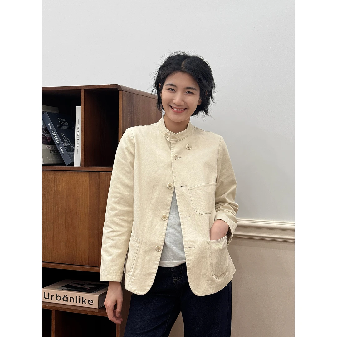 LANGQING 纯棉立领薄款正肩纯色日系复古纯棉外套44301#