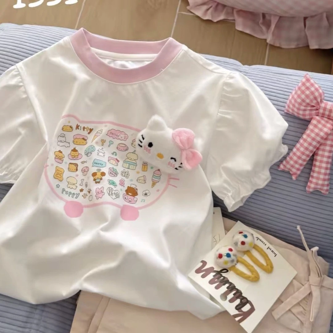卡通动漫女圆领印花休闲夏季T恤夏装上衣女童白色洋气女孩