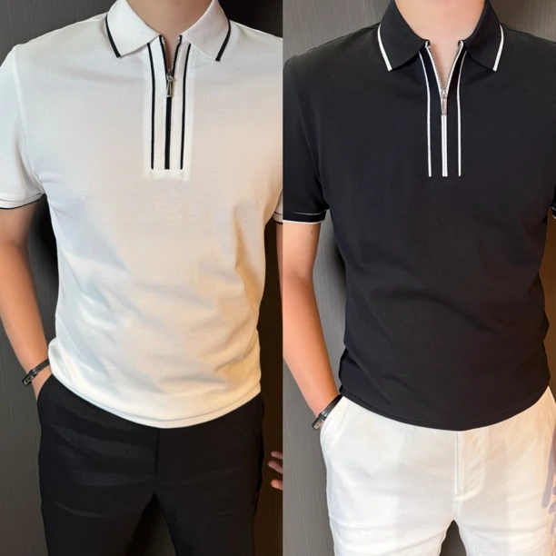 【山先生】春季新品·莱赛尔高奢撞色拉链时尚男士Polo衫61098