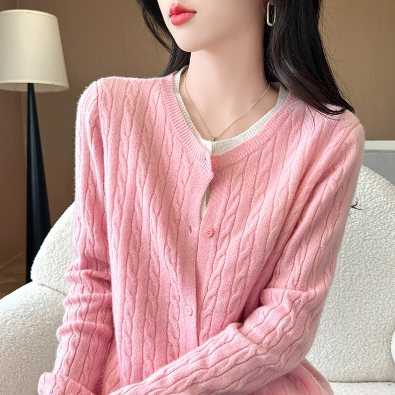 100羊毛女假两件开衫绞花女衫宽松针织适中短款毛衣秋冬常规