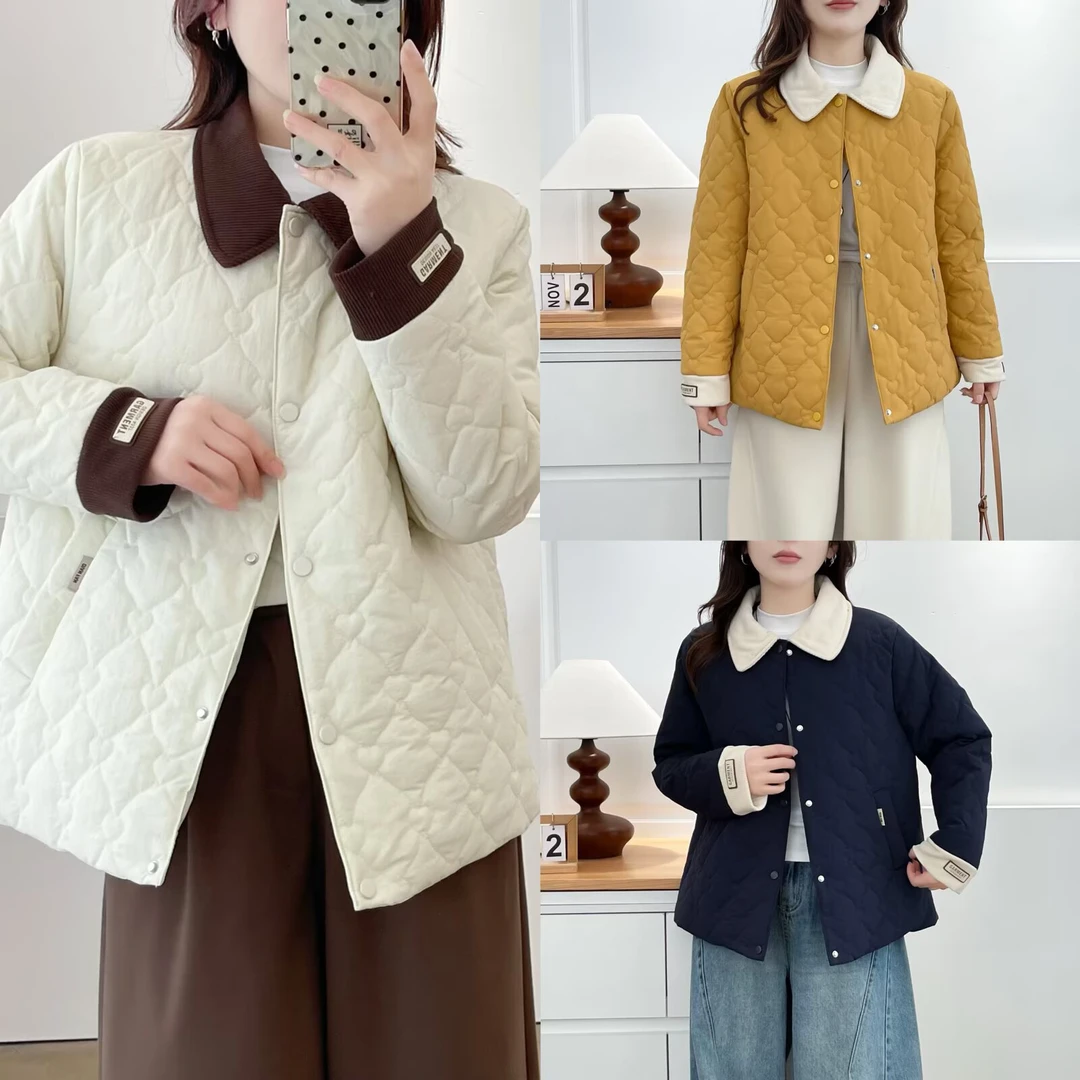大码女装棉服韩版秋冬宽松拼接撞色绗棉保暖棉衣外套