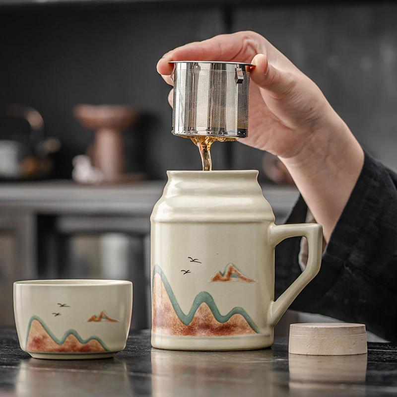 汝窑小暖壶泡茶杯个人专用带过滤大容量水杯马克杯带盖创意办公杯