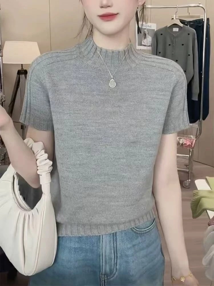 纯色半高领针织T恤女修身显瘦毛衣时尚百搭春夏新款短袖上衣L367