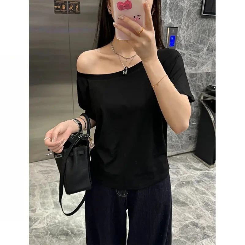 纯色斜肩短袖t恤女夏新款纯欲风宽松显瘦显身材百搭露肩打底衫