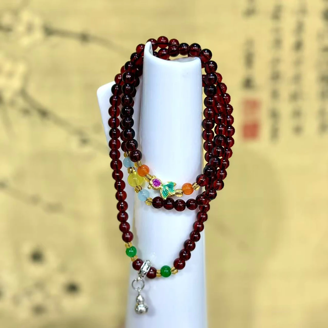 S1442-石榴石6mm多圈葫芦金鱼手串