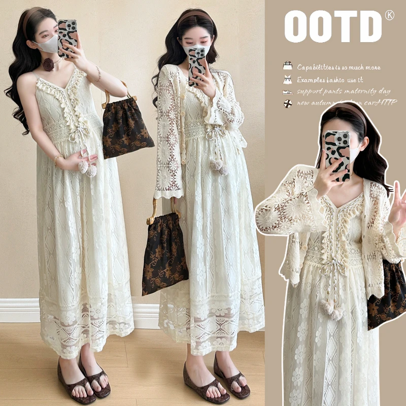 孕妇装民族风开衫配吊带长裙套装夏季新款波西米亚法式风连衣裙子
