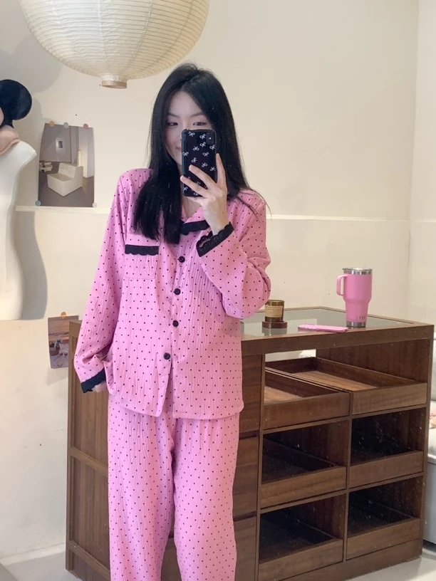 【绮罗粉黛】春秋韩系甜美风波点睡衣女长袖长裤家居服套装可外穿