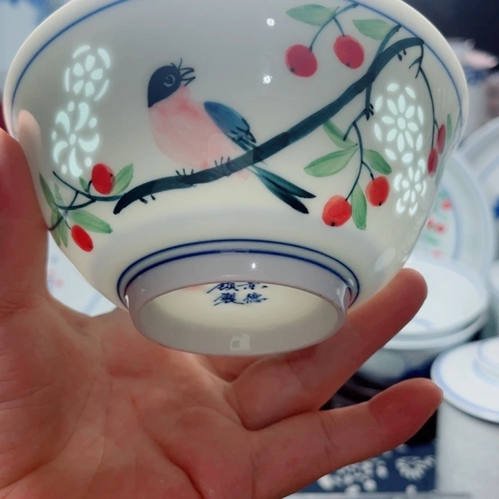 青花玲珑5寸饭碗手绘花鸟