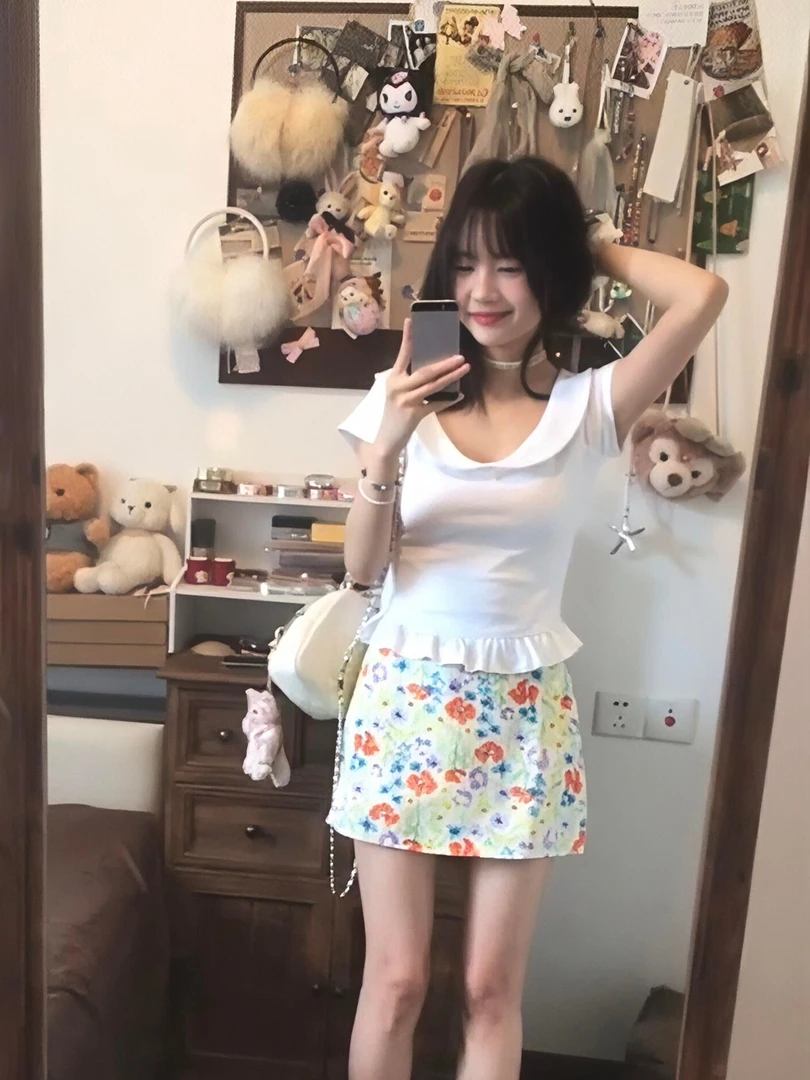 娃娃领花边短袖T恤女夏季新款纯欲修身显瘦正肩纯棉百搭上衣ins潮