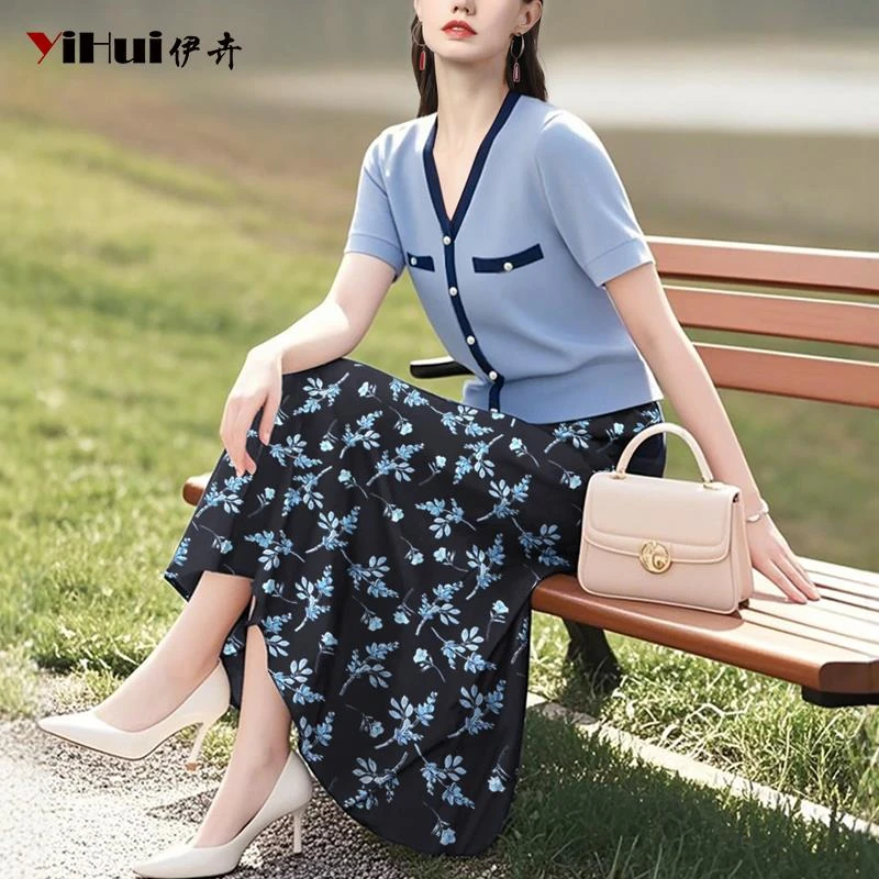 YIHUI伊卉针织衫女短袖上衣碎花半中款两件套装SC255787/BC255786