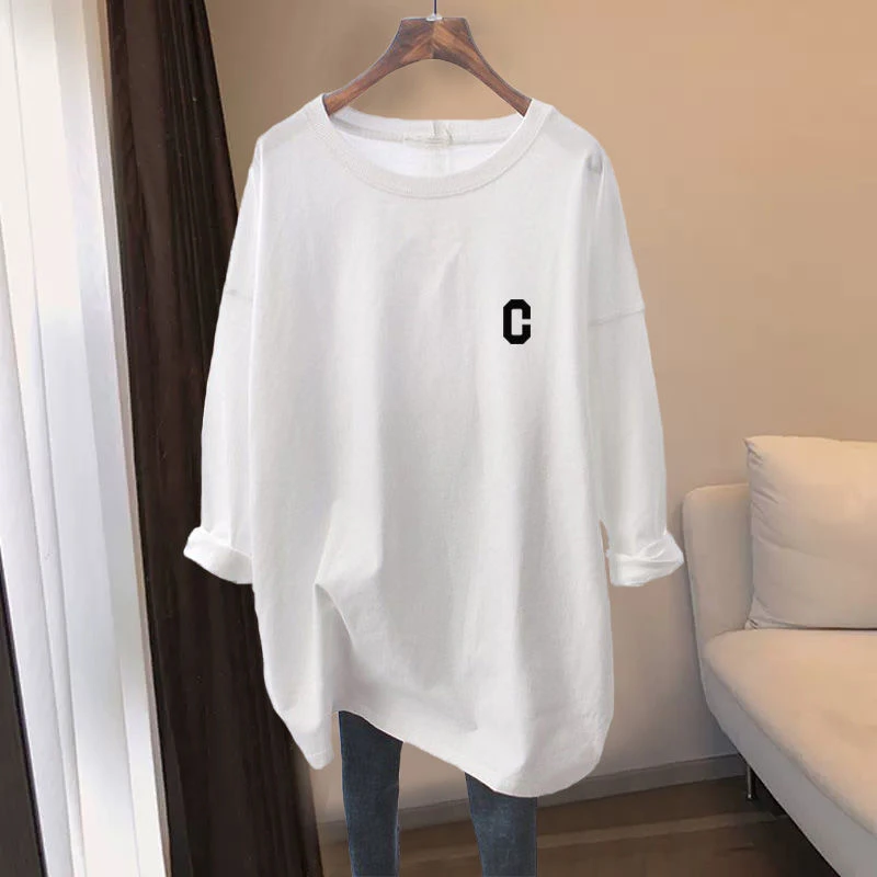 纯棉圆领长袖女胖MM大码宽松中长款遮臀显瘦印花字母长袖上衣女