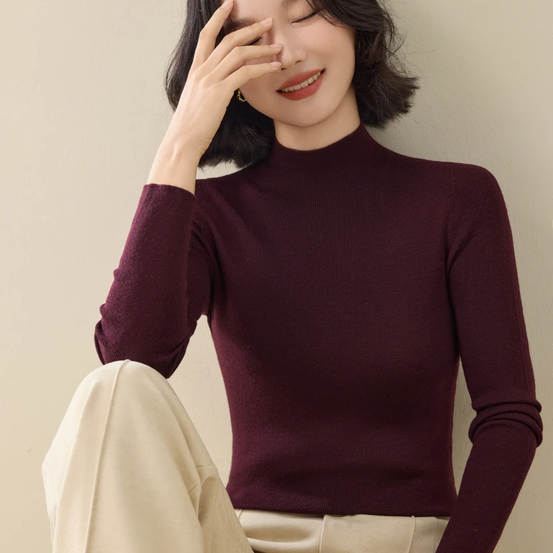 2025秋冬新款100%全羊毛【金标半高领长袖】无缝打底衫女款显瘦百搭
