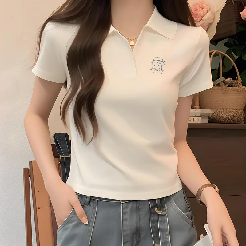 欧货白色正肩POLO领短袖T恤女夏2025新款显瘦修身打底衫短款上衣