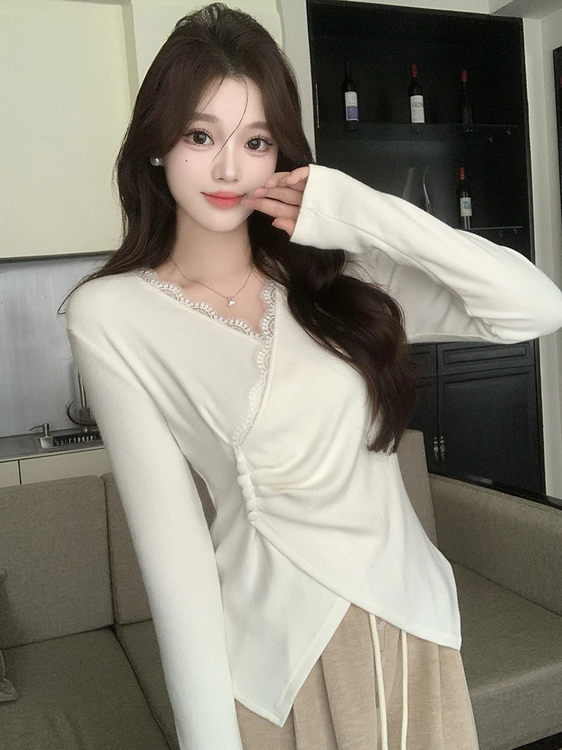2025秋季新款胖mm大码女法式蕾丝边加厚针织内搭打底衫33397