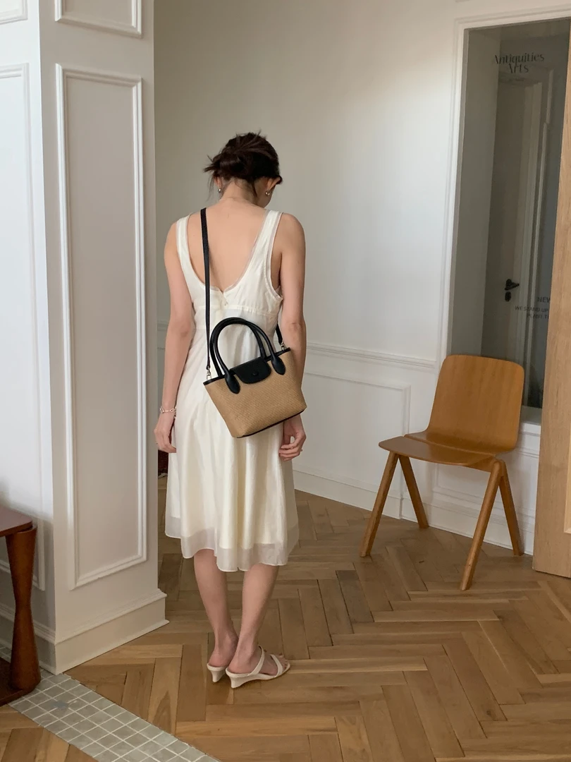 韩国ins风牛皮配编织手提横款方形水桶手提包编织包时尚网红女包