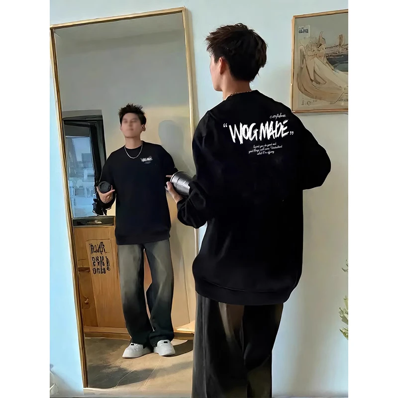 特大码300斤重磅春秋款圆领长袖卫衣男秋冬加绒潮牌宽松无帽外套