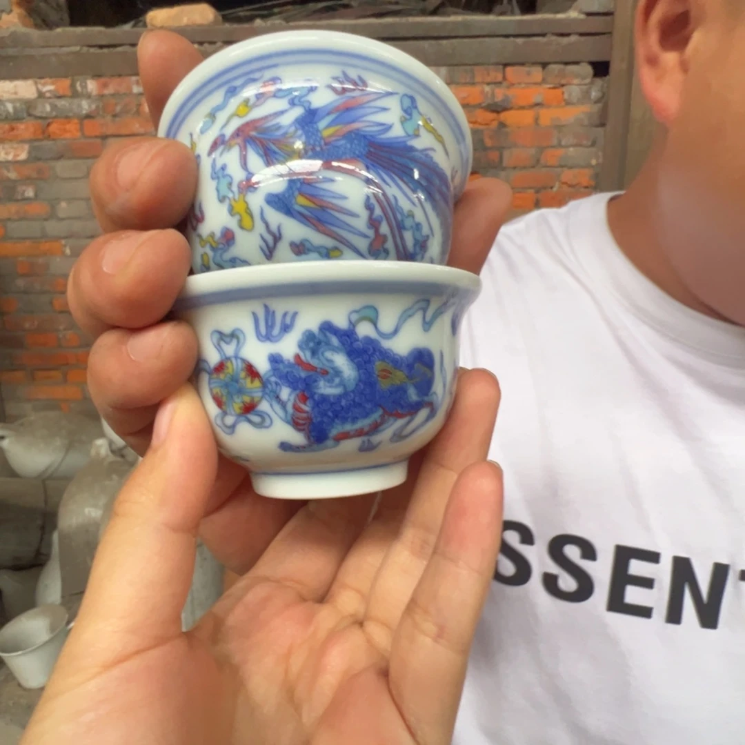 瓷片景德镇陶瓷狮子加龙凤压手杯各一只