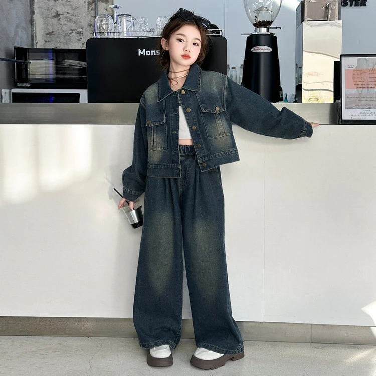 [麦哆哆」女童中大童春季韩范时髦洋气宽松休闲百搭潮酷牛仔套装