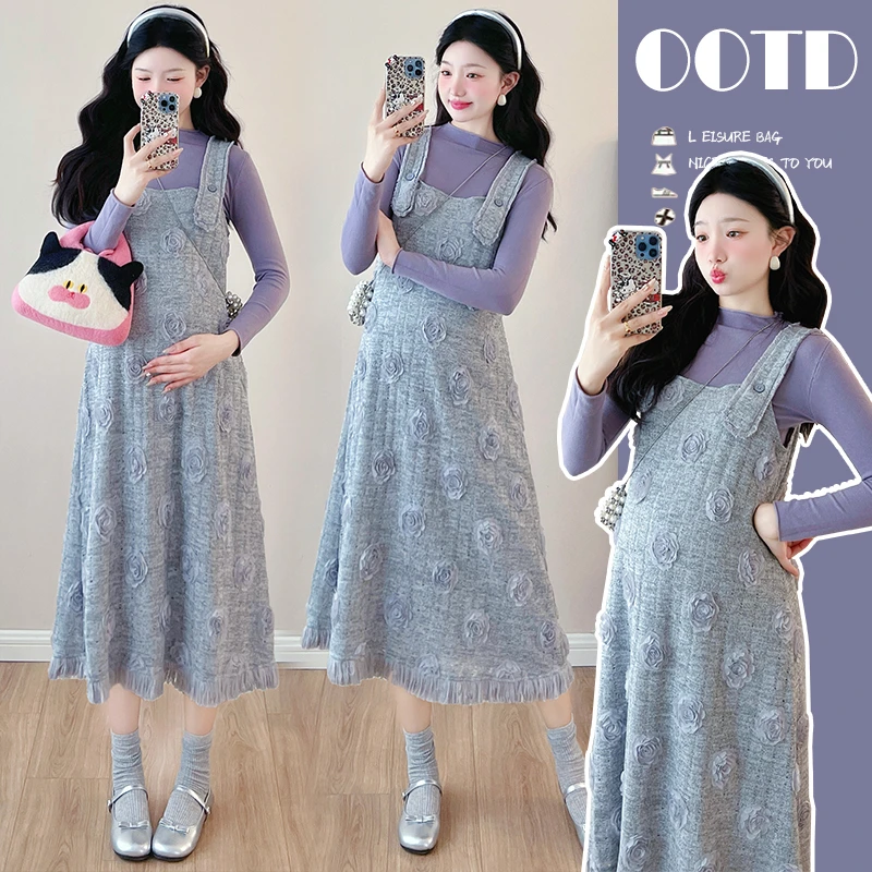 孕妇装春季法式新款甜美风蔷薇花背心裙+打底衫时尚减龄两件套