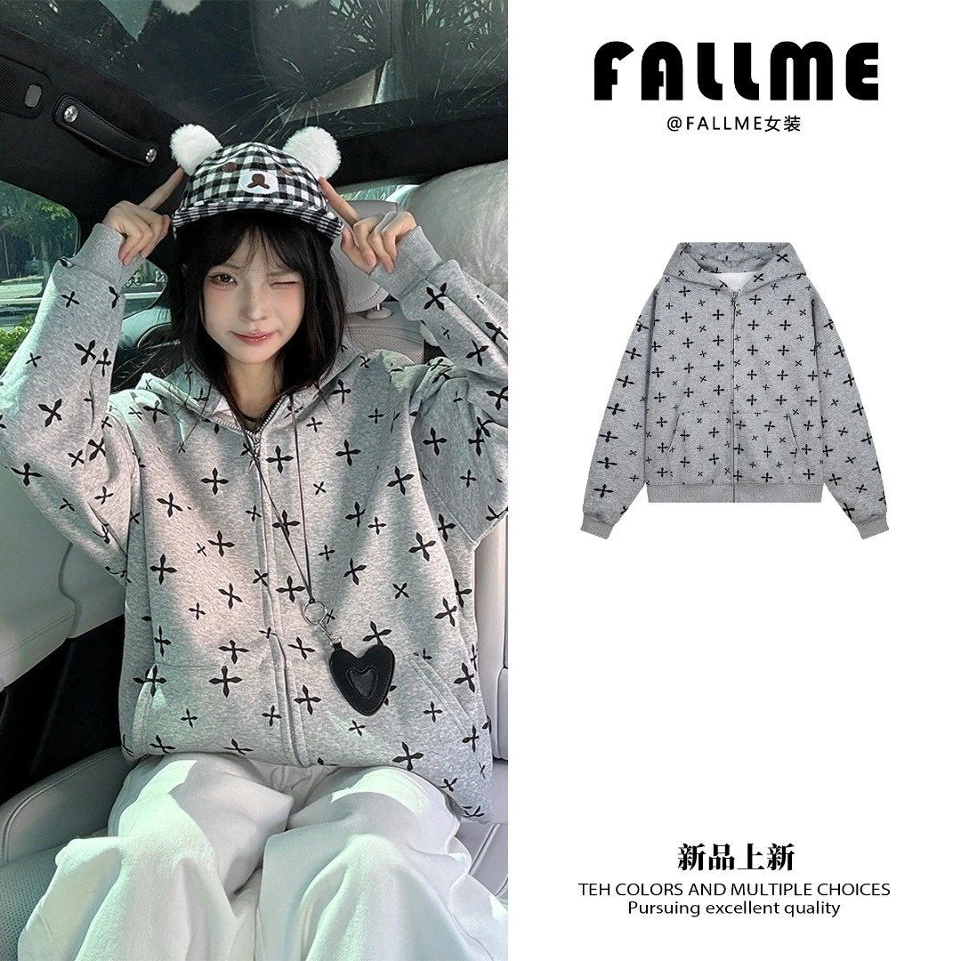 秋季新款开衫连帽卫衣女宽松百搭休闲上衣时尚设计款短外套春秋