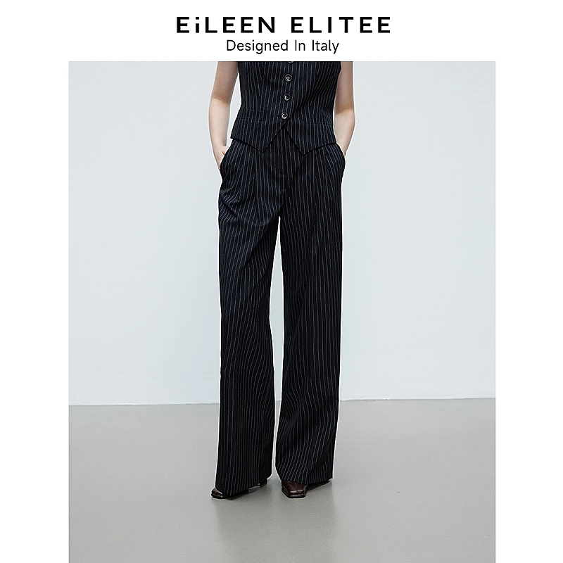 朗姿欧洲EiLEEN ELITEE羊毛黑色职业西装裤条纹直筒裤2025春新款