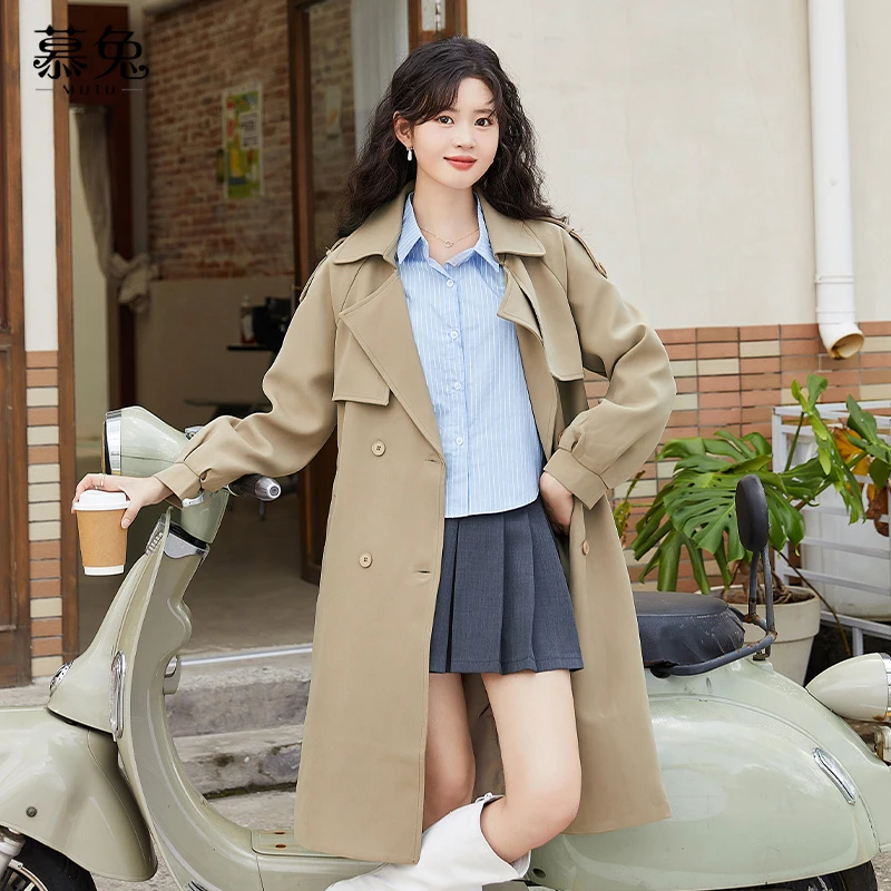 慕兔卡其色复古英伦风衣外套女2023春秋新款小个子中长款百搭大衣