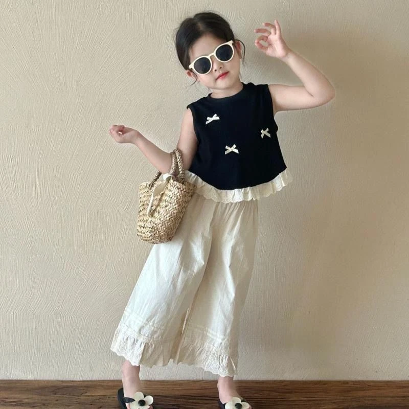 女童套装夏季2025新款洋气时髦儿童宝宝夏装花边背心阔腿裤两件套