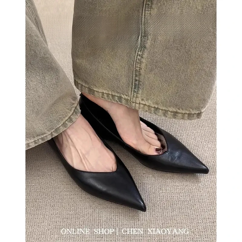 2025复古尖头单鞋浅口女法式气质一脚蹬内增高平底鞋通勤工作鞋