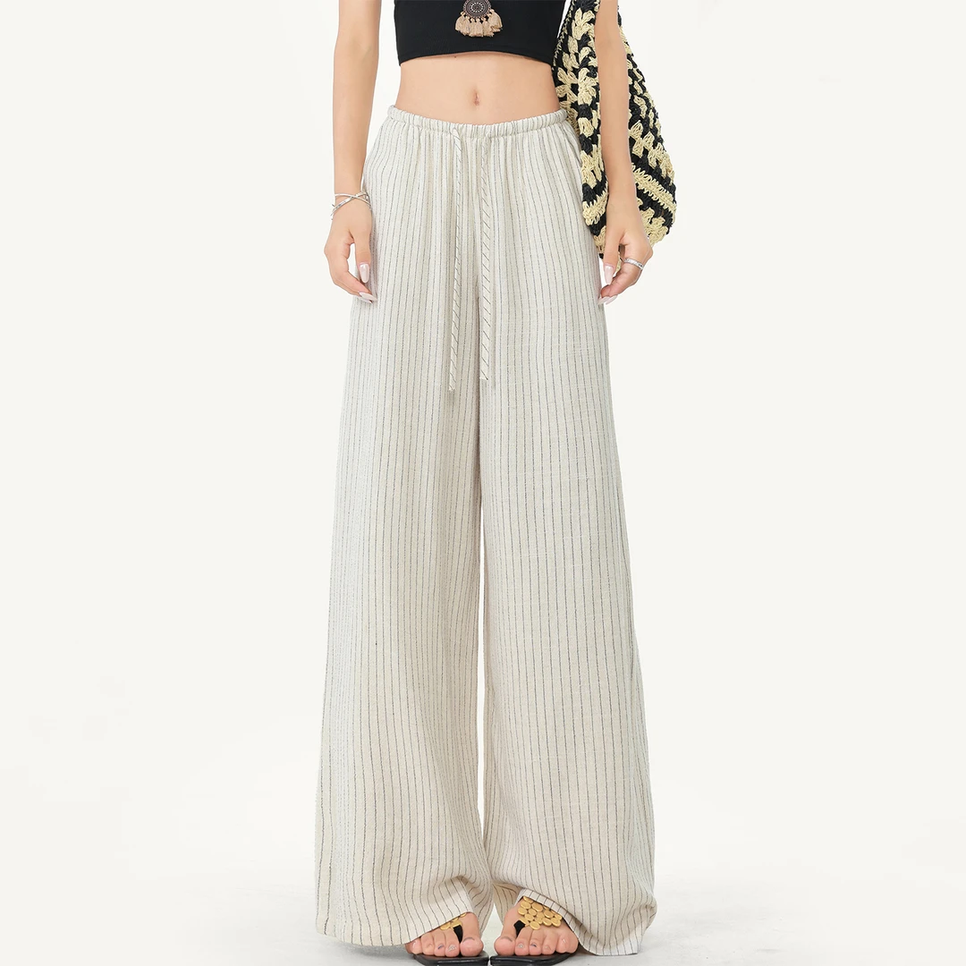 韩系条纹休闲裤女高腰直筒阔腿裤大码梨型身材宽松显瘦慵懒风裤子