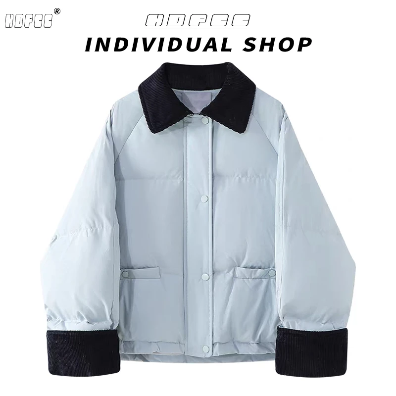 复古灯芯绒领拼接口袋面包服女冬季韩版气质宽松百搭保暖棉服外套