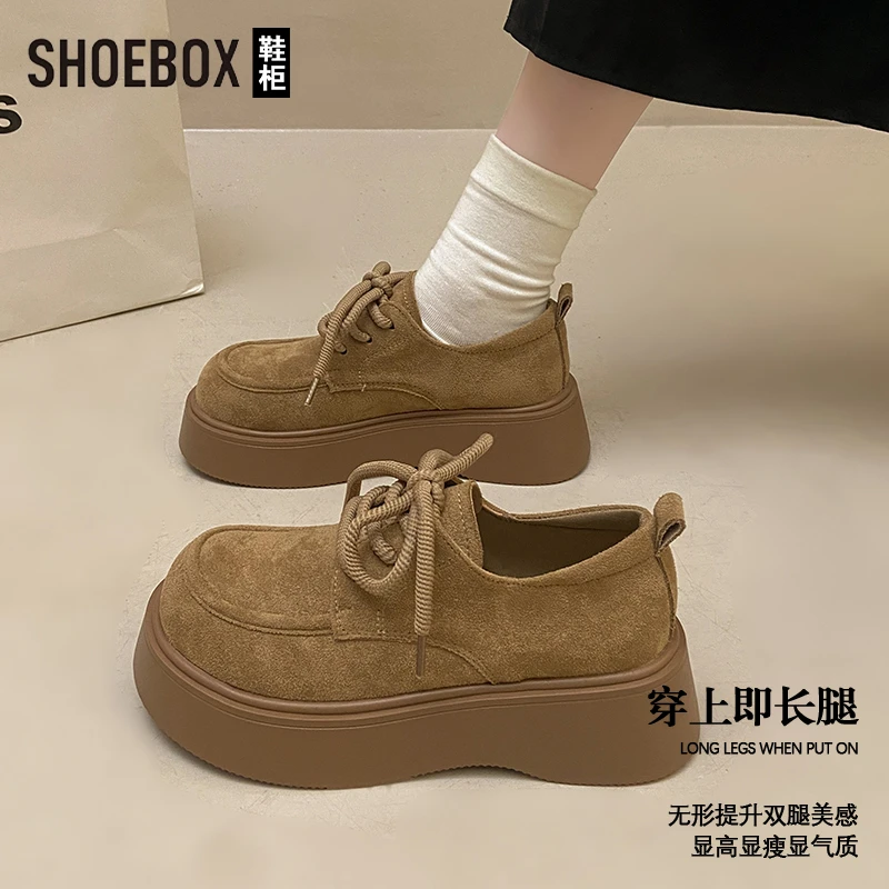 SHOEBOX鞋柜高级感厚底系带乐福鞋女2025秋季新款复古勃肯鞋女