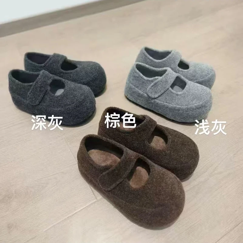 灰色毛呢玛丽珍鞋女士冬季加绒厚底毛毛鞋2025新款大头魔术贴棉鞋