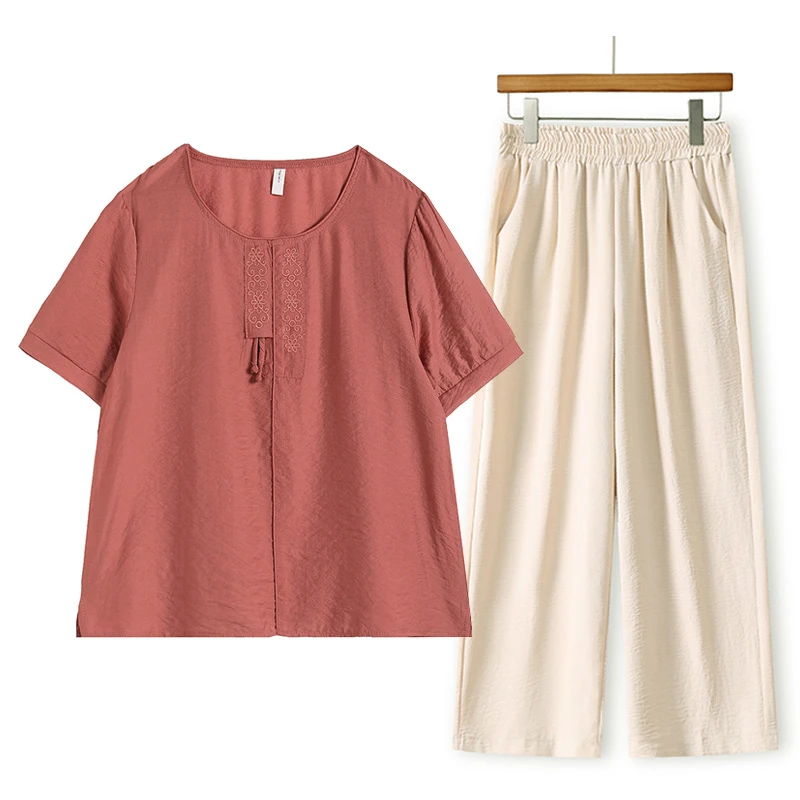 妈妈装2025夏季新款T恤衬衫中年小衫薄款上衣宽松套装中老年女装