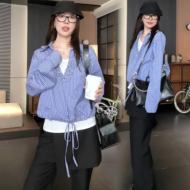 独特绝美木耳边格子衬衫+背心两件套女2025新款设计感漂亮小衫