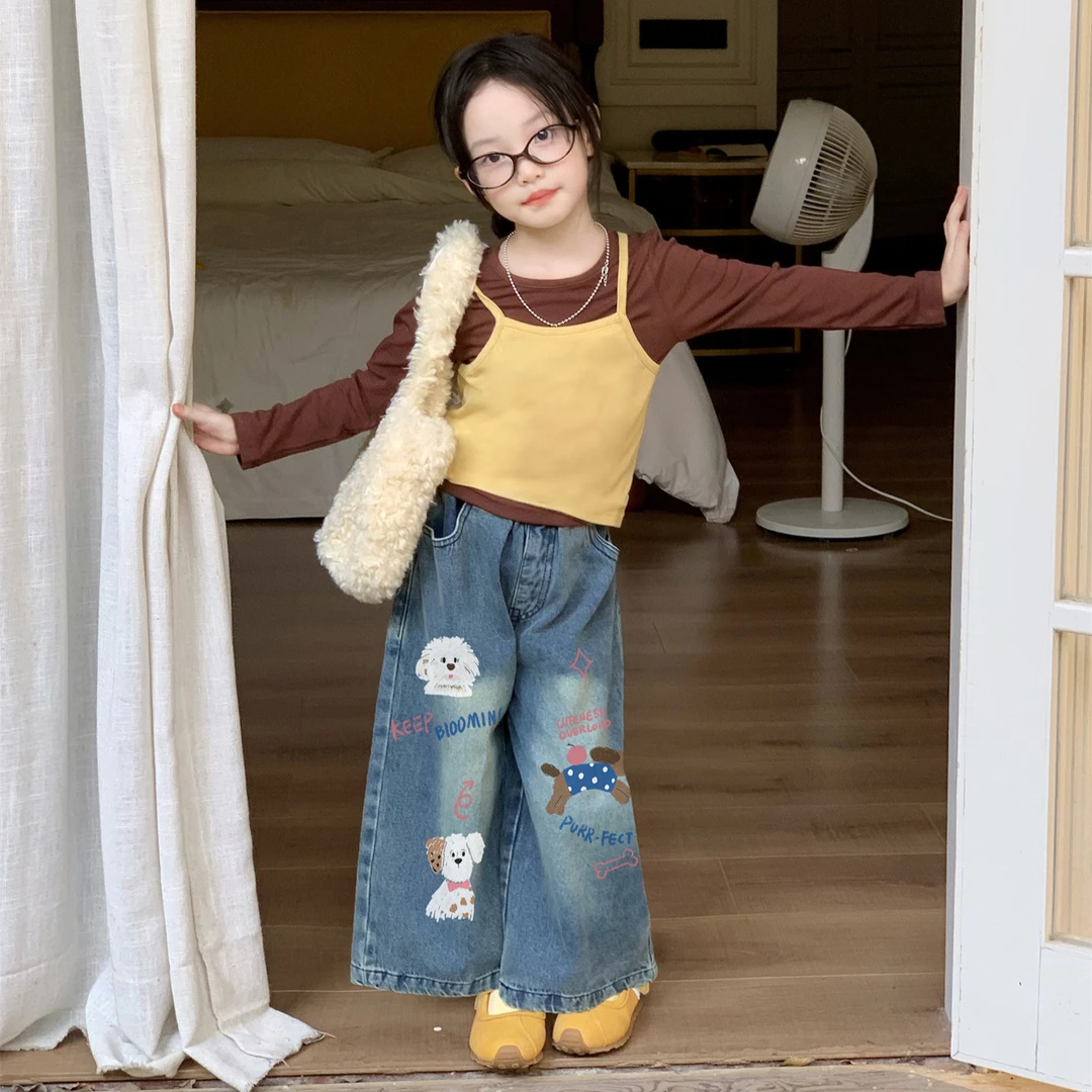 小思家女童2025秋季新韩版洋气百搭吊带衫长袖T恤涂鸦牛仔裤套装