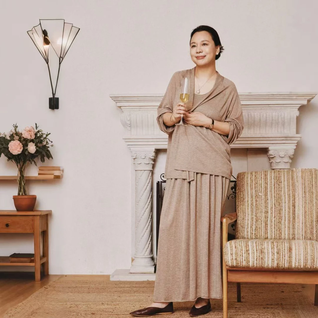 Ms.Qnn“悠然系列”三醋酸羊绒法式氛围感背心+半裙+开衫 5055S Q姐