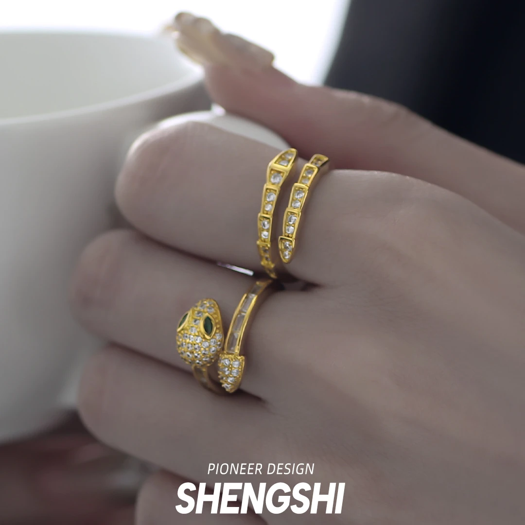铜合金合成锆石戒指 闪锆缠绕富贵蛇开口戒高级感轻奢小众戒指女