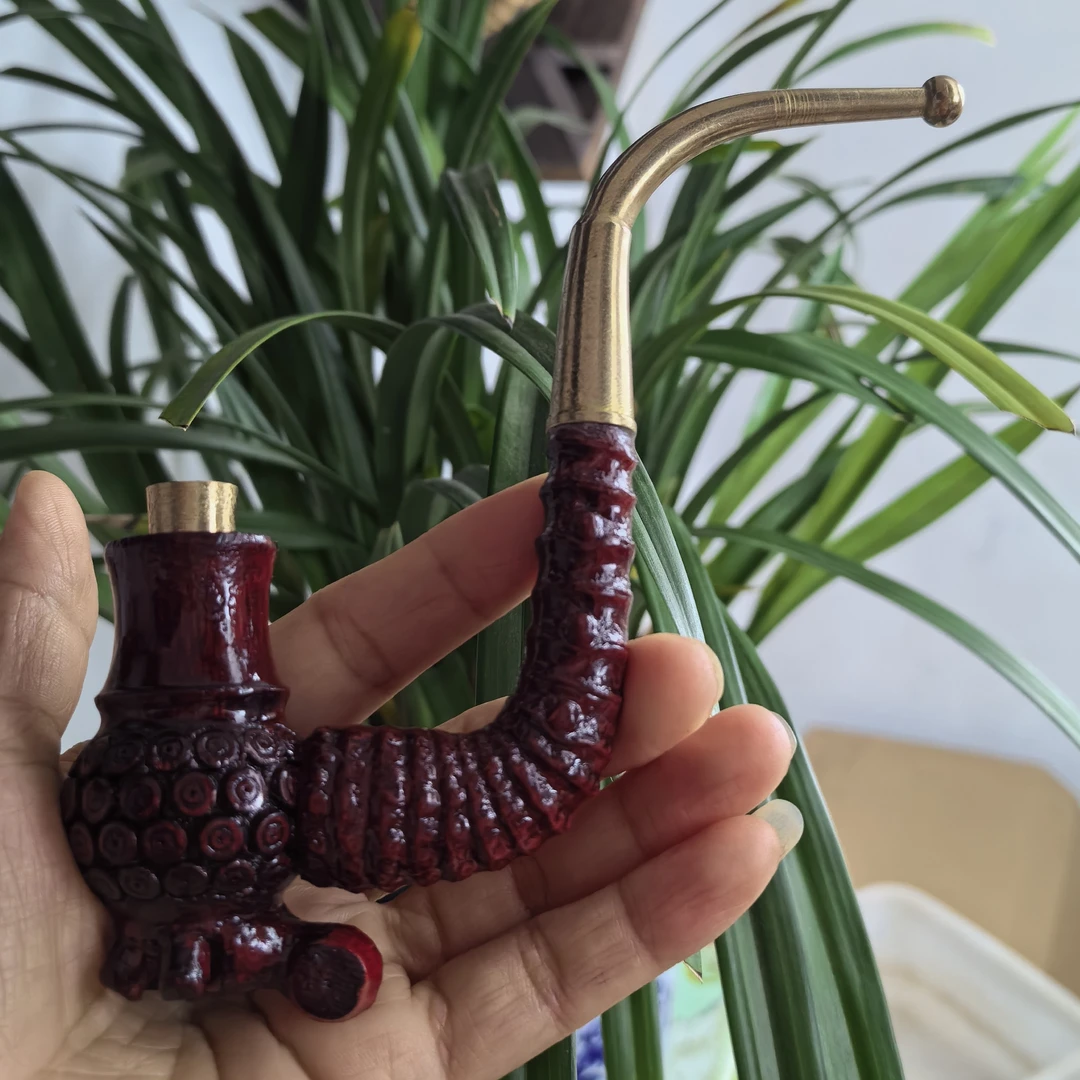 贵州民间实心竹雕刻紫红色小一弯分体老巴斗17公分